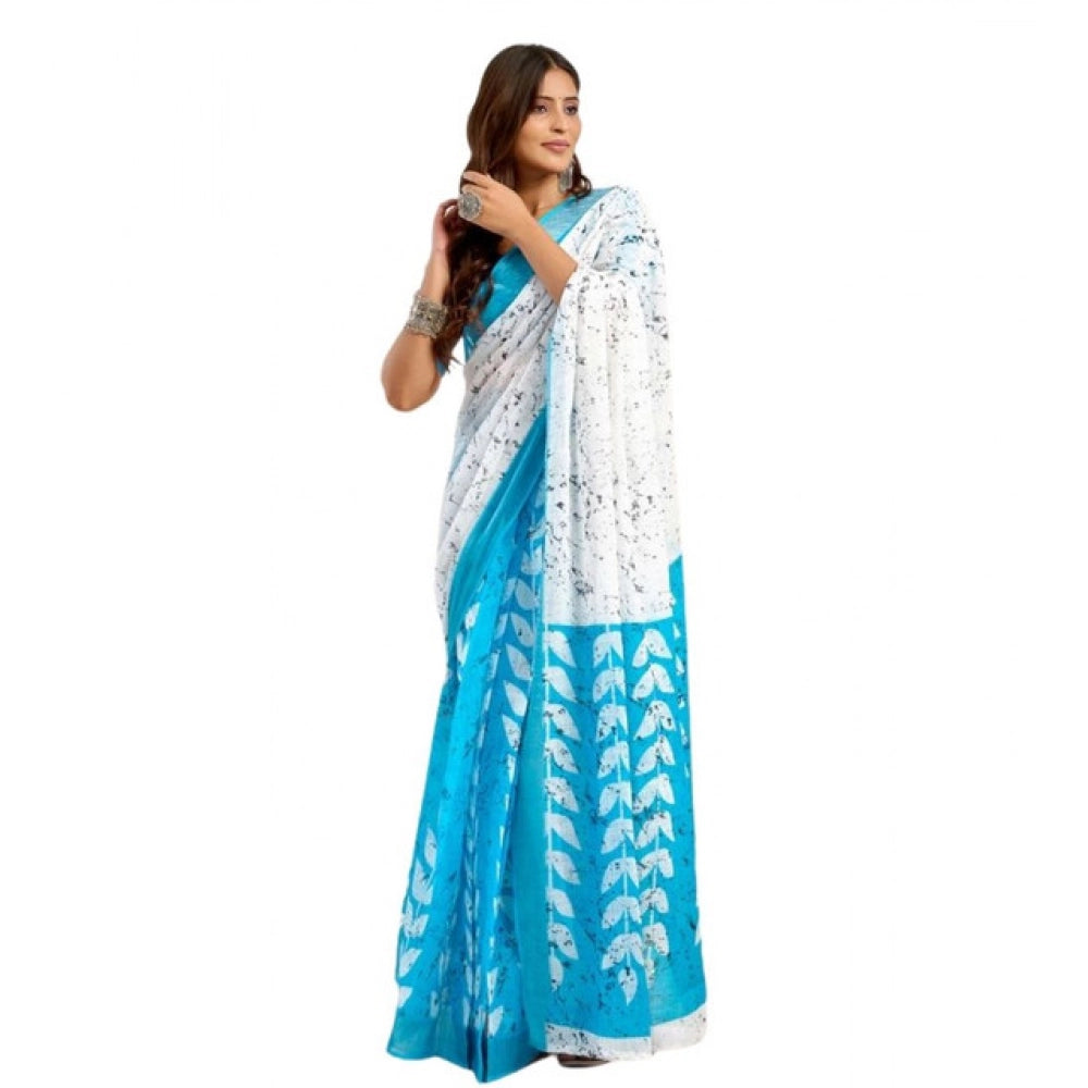 Amfyn Women's Faux Linen Leaf Print Ready to wear Saree With Unstitched Blouse 5.5Mtr (SkyBlue &amp; White)