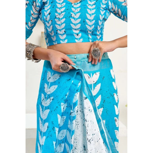 Amfyn Women's Faux Linen Leaf Print Ready to wear Saree With Unstitched Blouse 5.5Mtr (SkyBlue &amp; White)