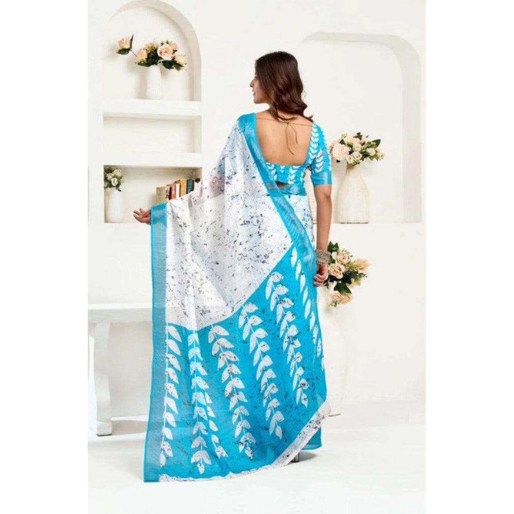 Amfyn Women's Faux Linen Leaf Print Ready to wear Saree With Unstitched Blouse 5.5Mtr (SkyBlue &amp; White)