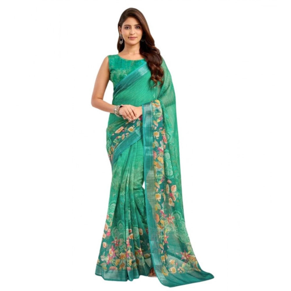 Amfyn Women's Faux Linen Floral Ready to wear Saree With Unstitched Blouse 5.5Mtr (Green)