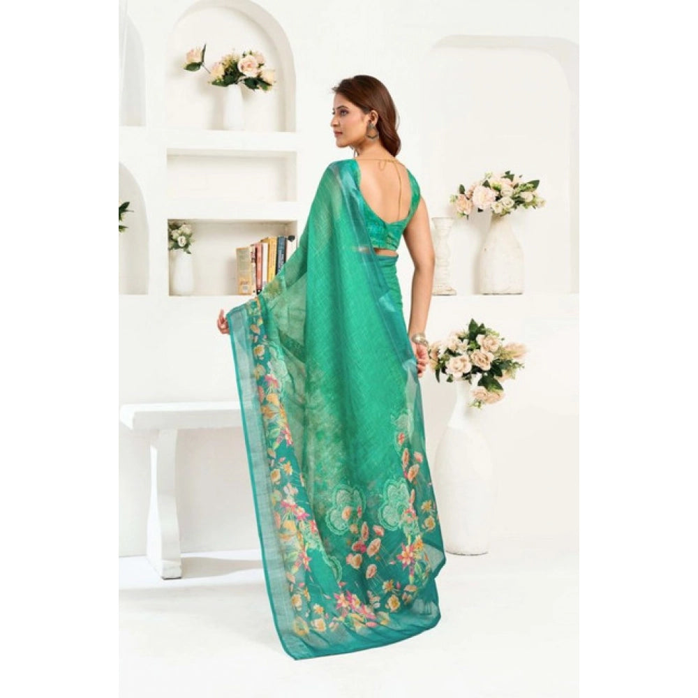 Amfyn Women's Faux Linen Floral Ready to wear Saree With Unstitched Blouse 5.5Mtr (Green)