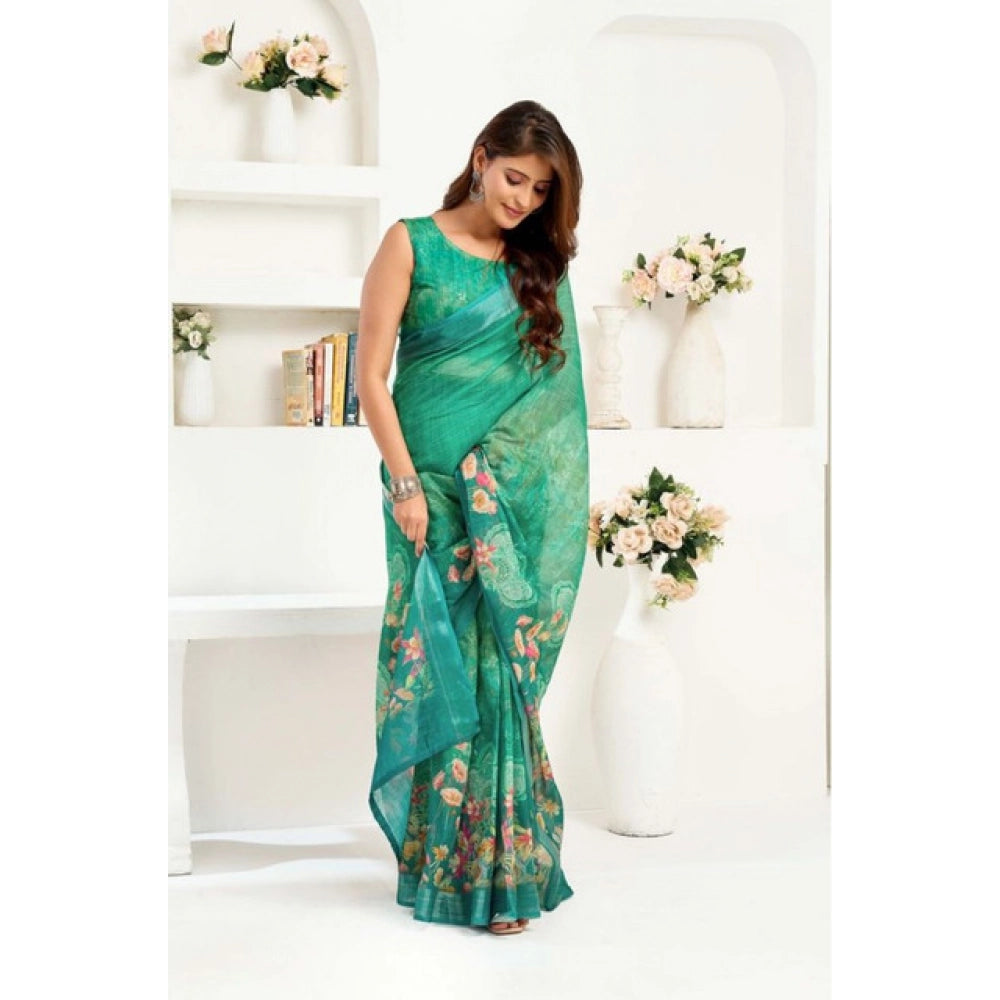 Amfyn Women's Faux Linen Floral Ready to wear Saree With Unstitched Blouse 5.5Mtr (Green)