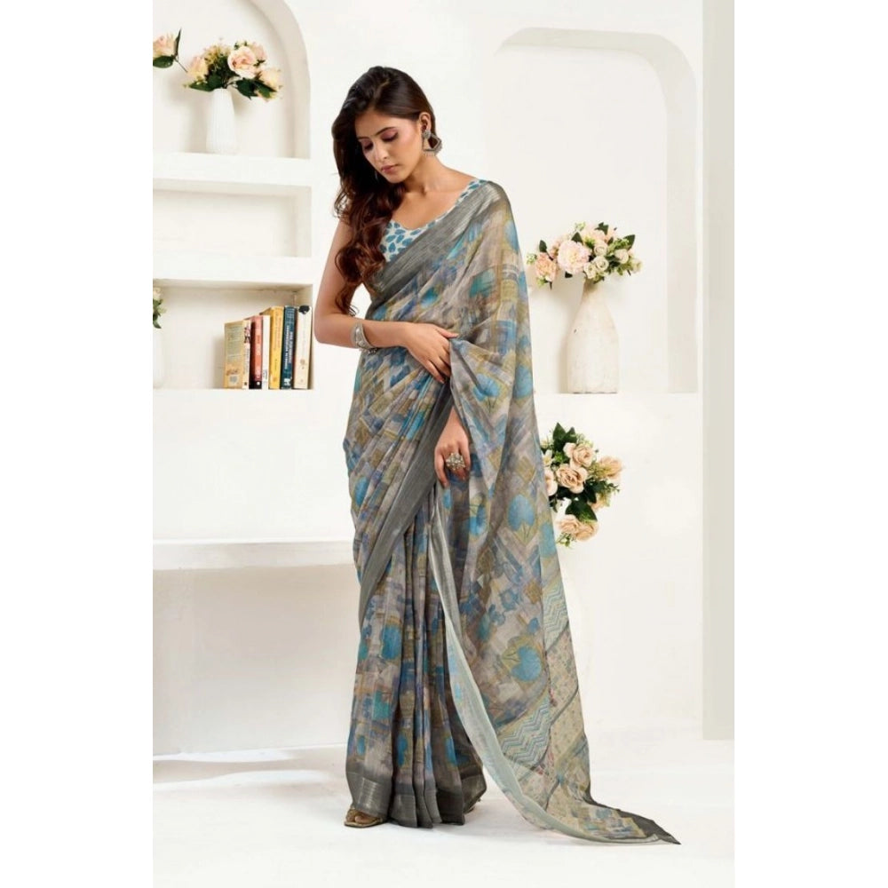 Amfyn Women's Faux Linen Abstract Print Ready to wear Saree With Unstitched Blouse 5.5Mtr (Grey)
