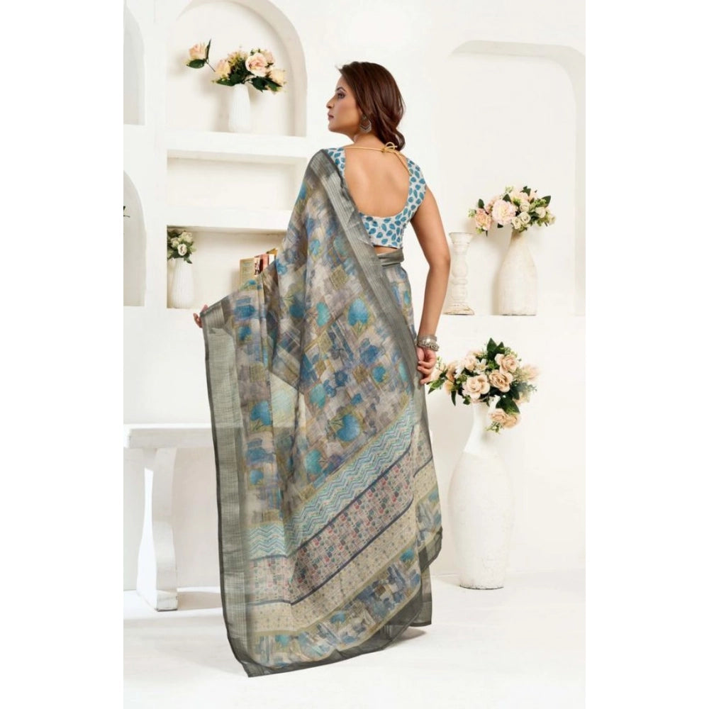 Amfyn Women's Faux Linen Abstract Print Ready to wear Saree With Unstitched Blouse 5.5Mtr (Grey)