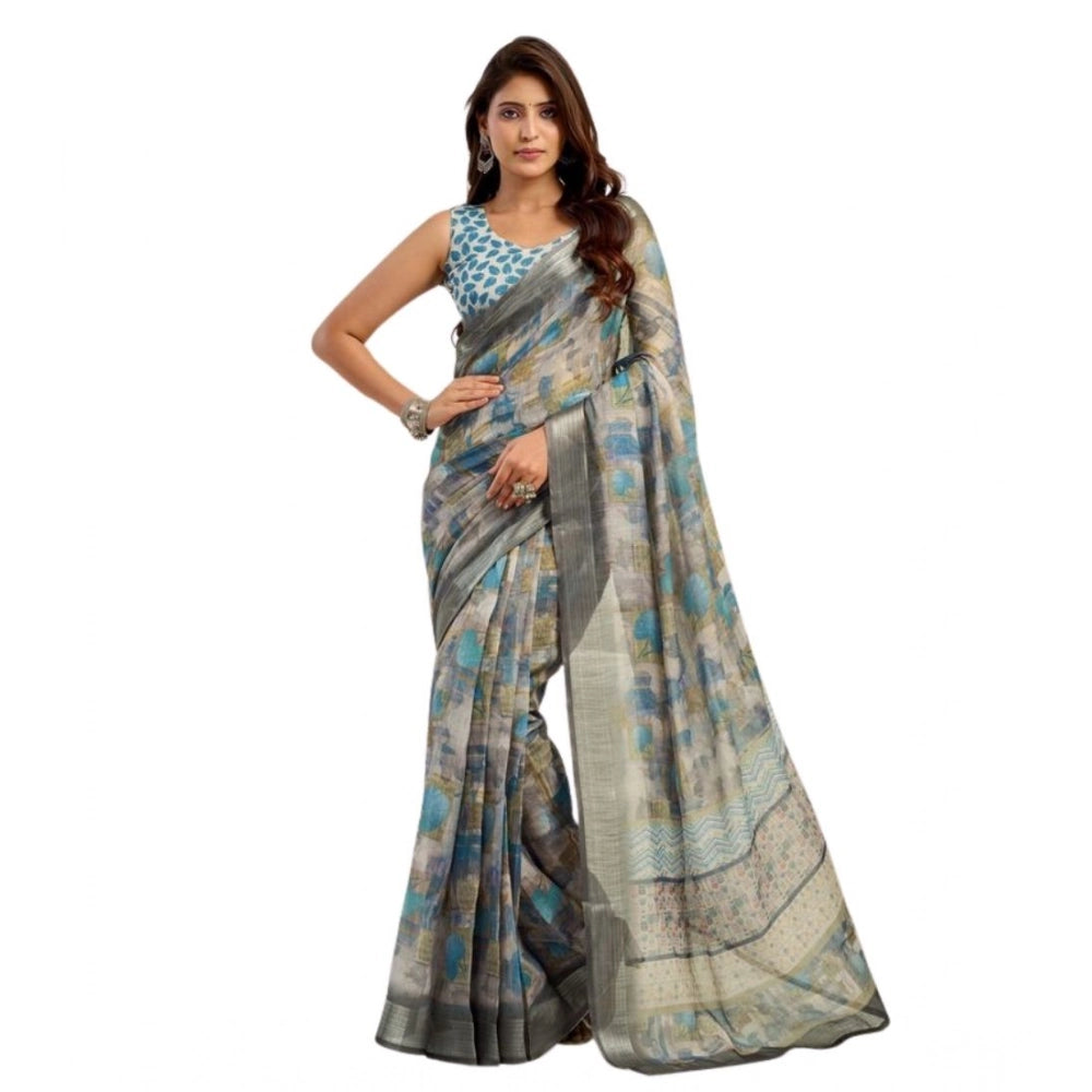 Amfyn Women's Faux Linen Abstract Print Ready to wear Saree With Unstitched Blouse 5.5Mtr (Grey)