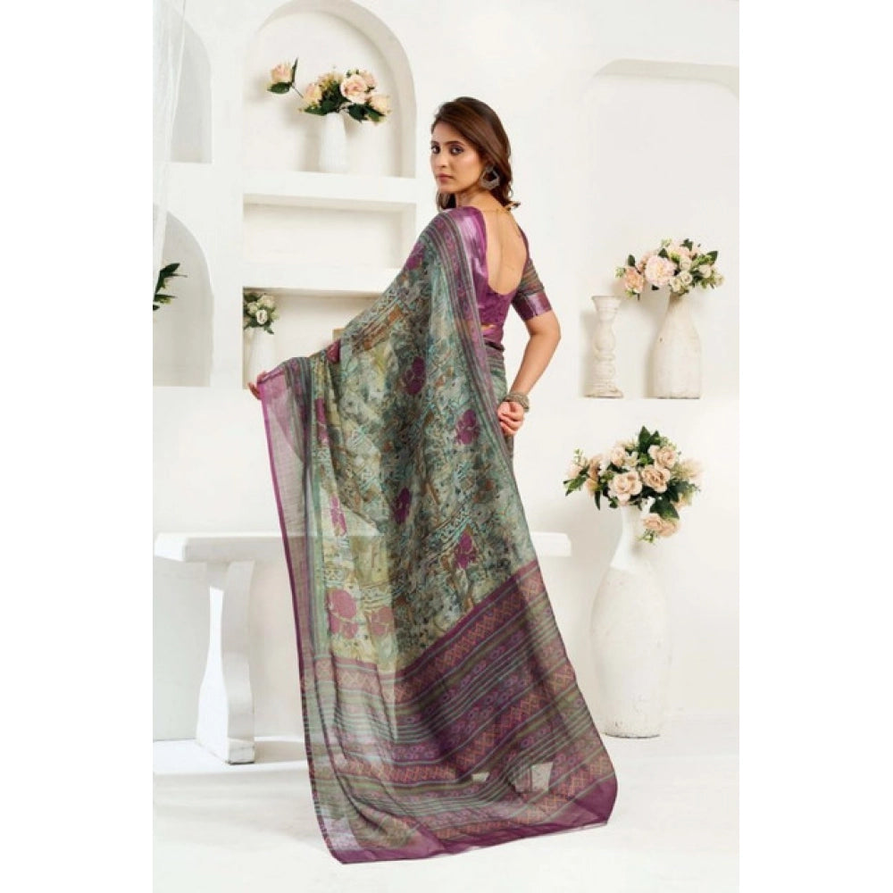 Amfyn Women's Faux Linen Printed Ready to wear Saree With Unstitched Blouse 5.5Mtr (Multicolor)