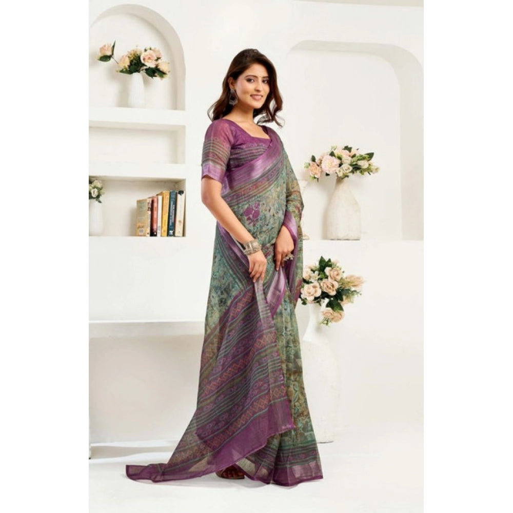 Amfyn Women's Faux Linen Printed Ready to wear Saree With Unstitched Blouse 5.5Mtr (Multicolor)