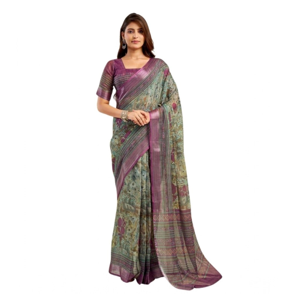 Amfyn Women's Faux Linen Printed Ready to wear Saree With Unstitched Blouse 5.5Mtr (Multicolor)