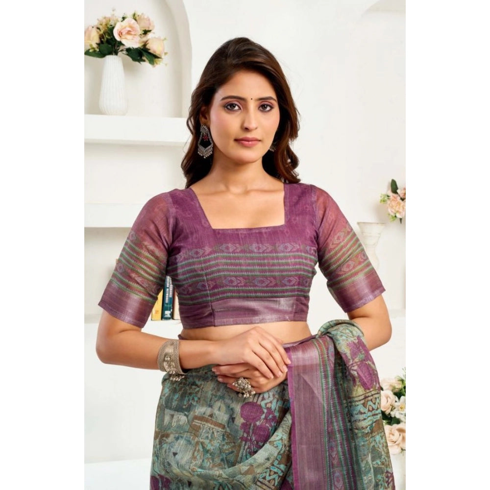 Amfyn Women's Faux Linen Printed Ready to wear Saree With Unstitched Blouse 5.5Mtr (Multicolor)