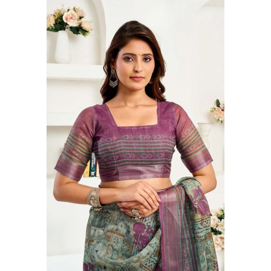 Amfyn Women's Faux Linen Printed Ready to wear Saree With Unstitched Blouse 5.5Mtr (Multicolor)