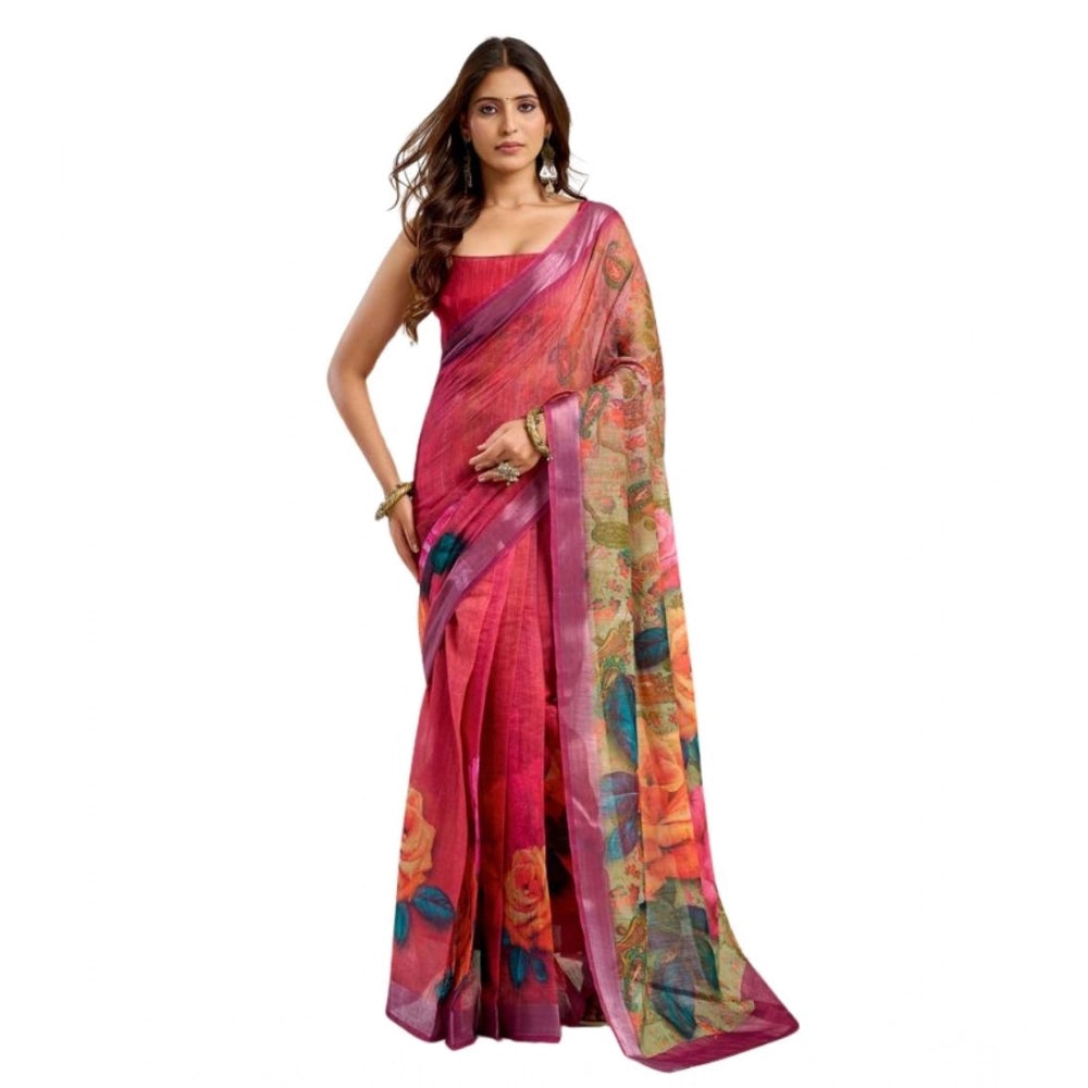 Amfyn Women's Faux Linen Floral Print Ready to wear Saree With Unstitched Blouse 5.5Mtr (Pink)