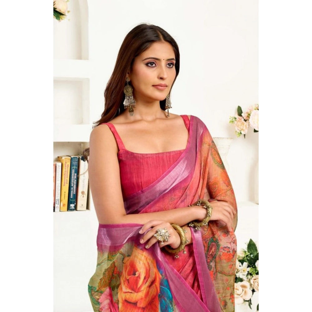 Amfyn Women's Faux Linen Floral Print Ready to wear Saree With Unstitched Blouse 5.5Mtr (Pink)