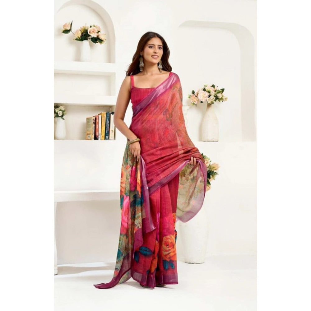 Amfyn Women's Faux Linen Floral Print Ready to wear Saree With Unstitched Blouse 5.5Mtr (Pink)