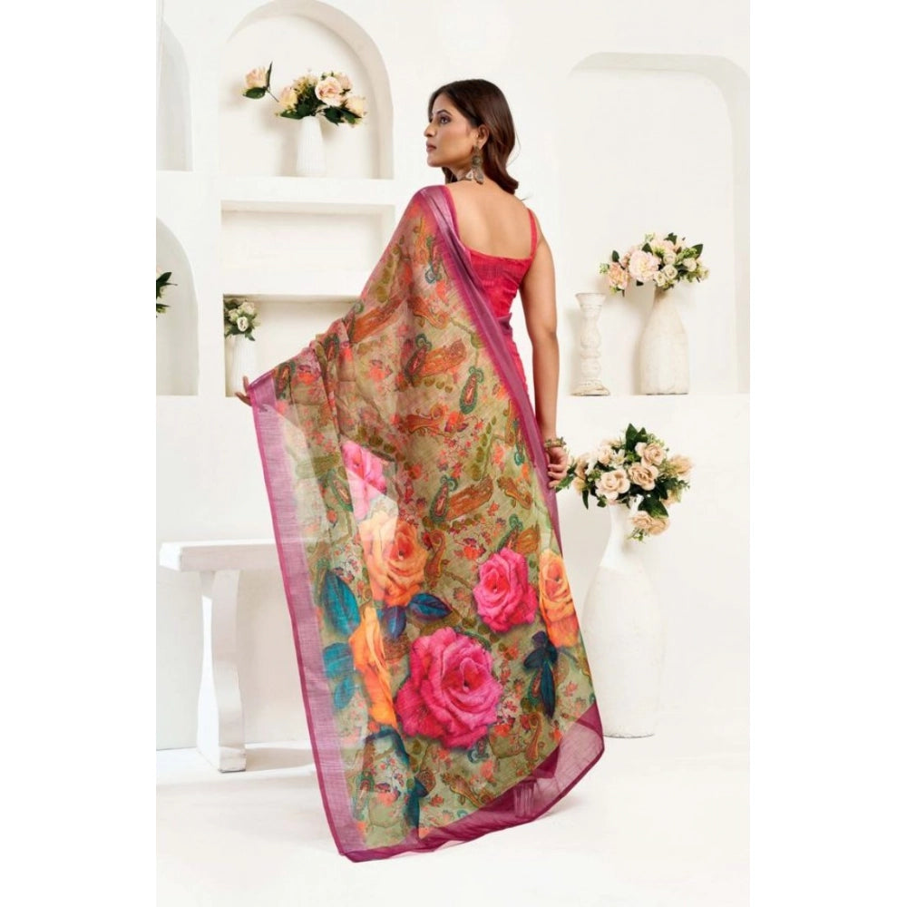 Amfyn Women's Faux Linen Floral Print Ready to wear Saree With Unstitched Blouse 5.5Mtr (Pink)