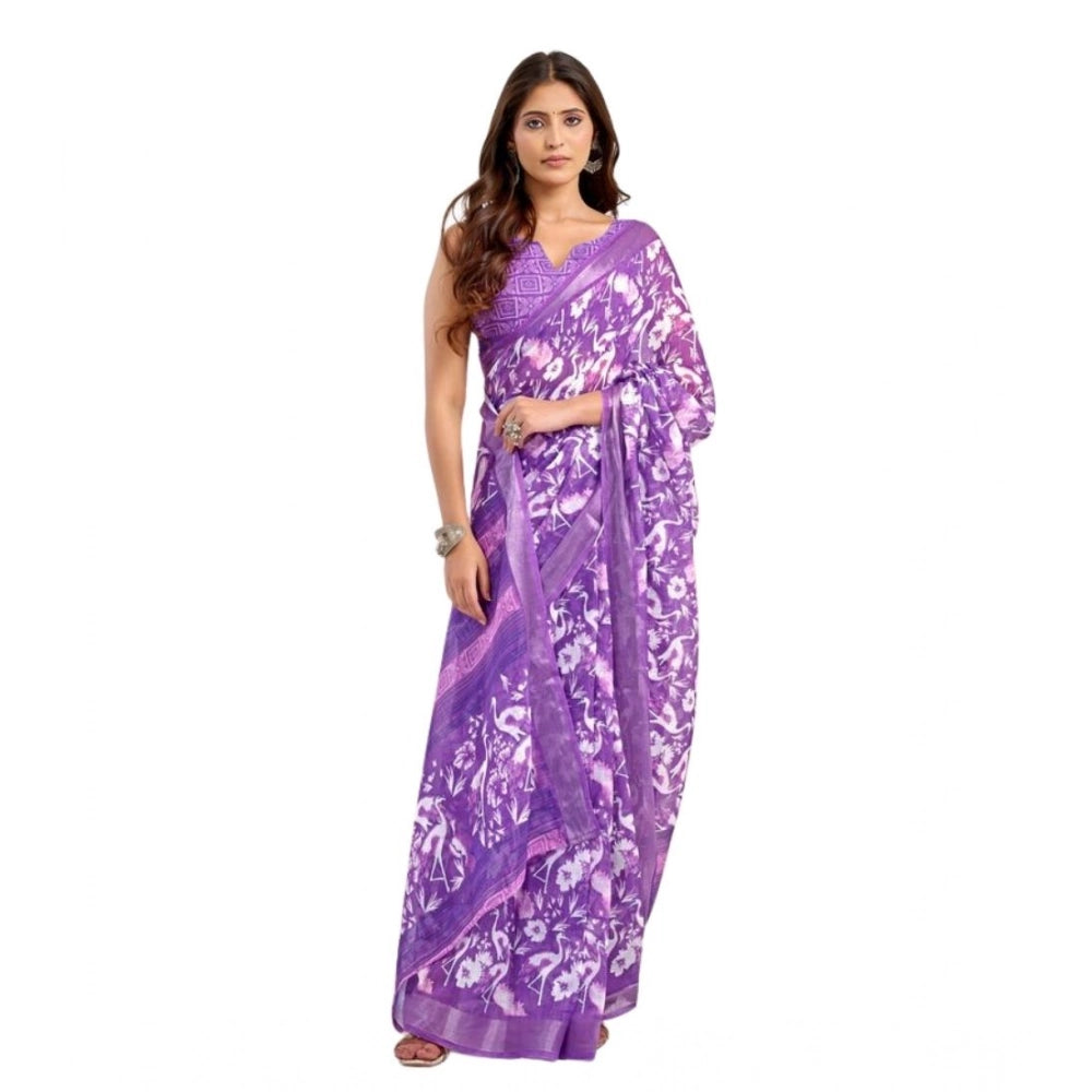 Amfyn Women's Faux Linen Floral Print Ready to wear Saree With Unstitched Blouse 5.5Mtr (Purple)