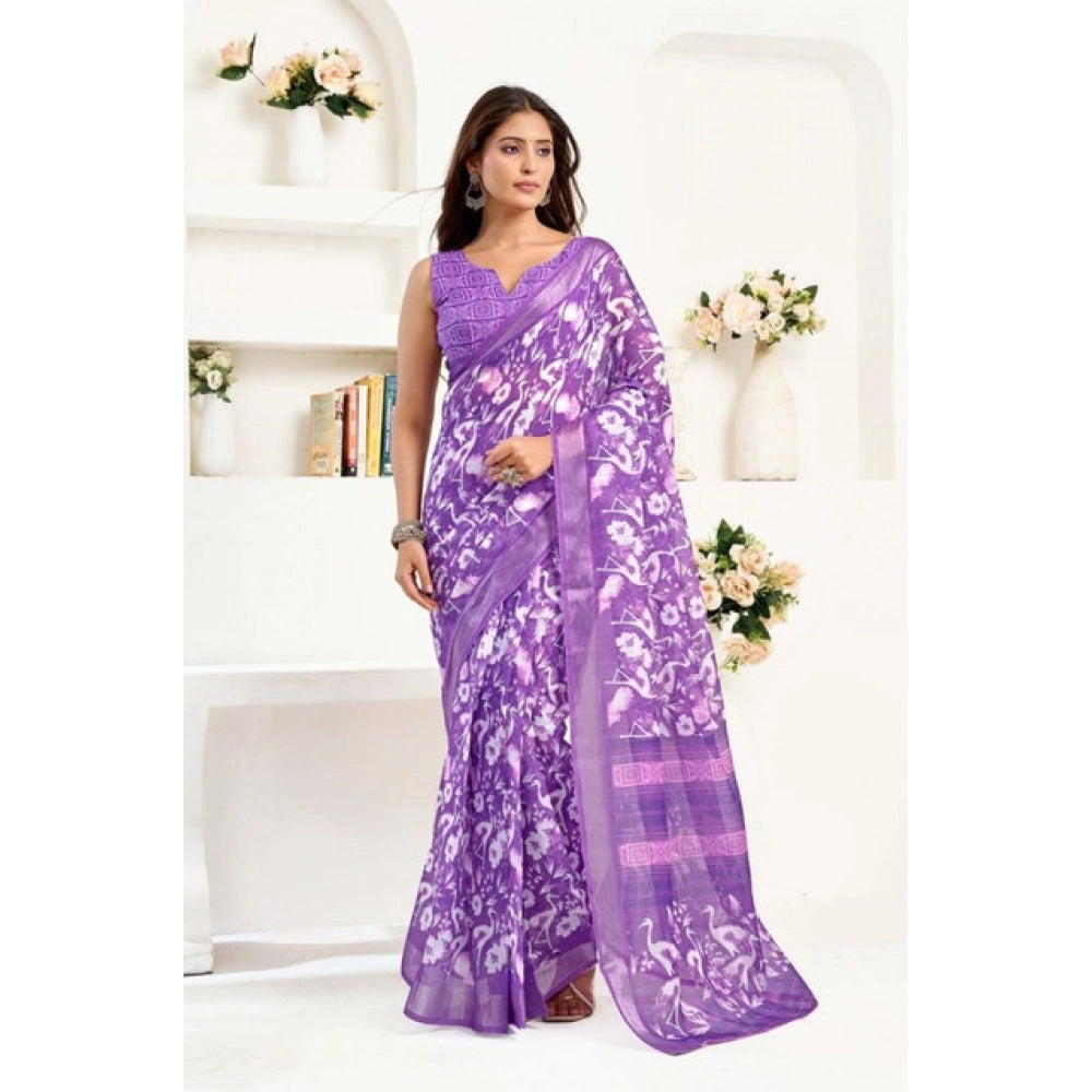 Amfyn Women's Faux Linen Floral Print Ready to wear Saree With Unstitched Blouse 5.5Mtr (Purple)