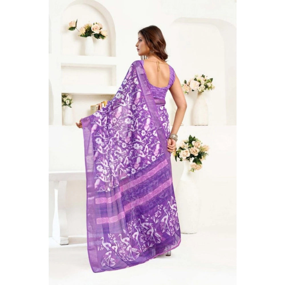 Amfyn Women's Faux Linen Floral Print Ready to wear Saree With Unstitched Blouse 5.5Mtr (Purple)