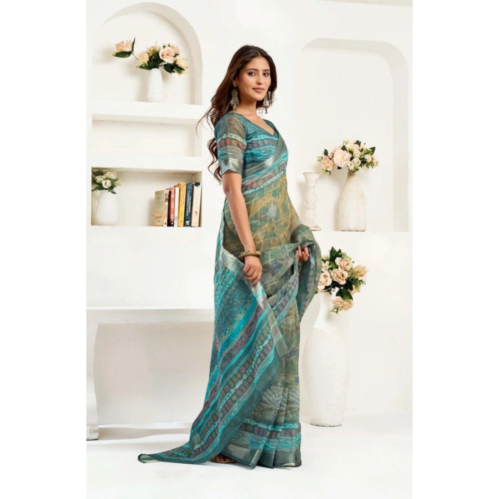 Amfyn Women's Faux Linen Printed Ready to wear Saree With Unstitched Blouse 5.5Mtr (Multicolor)