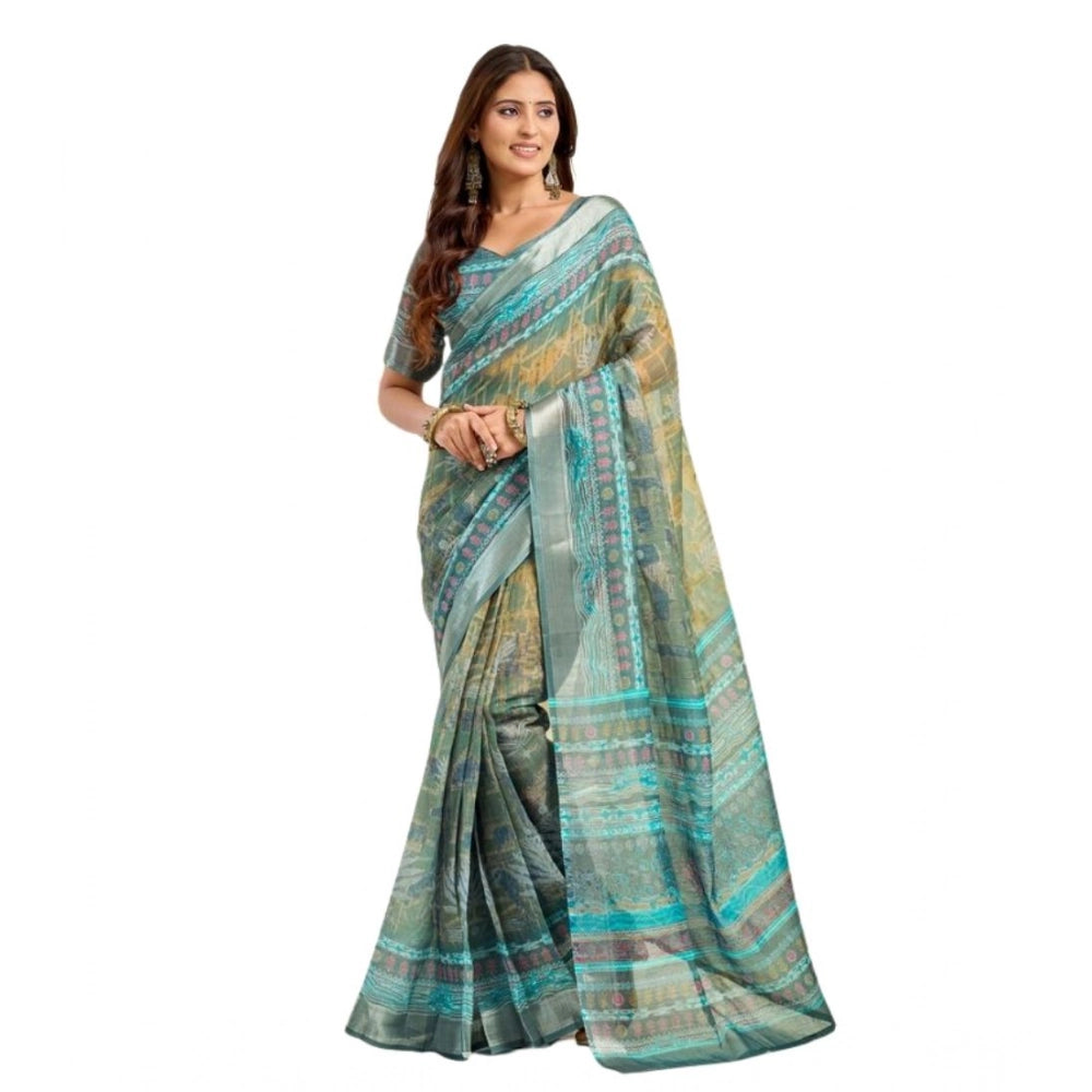 Amfyn Women's Faux Linen Printed Ready to wear Saree With Unstitched Blouse 5.5Mtr (Multicolor)