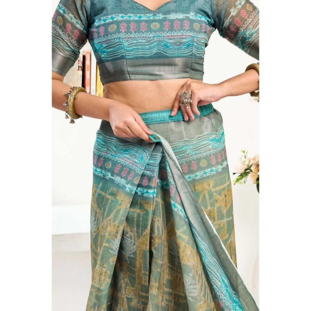Amfyn Women's Faux Linen Printed Ready to wear Saree With Unstitched Blouse 5.5Mtr (Multicolor)