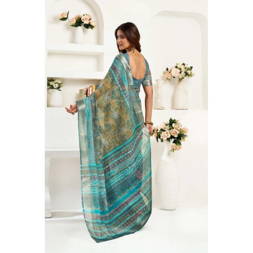 Amfyn Women's Faux Linen Printed Ready to wear Saree With Unstitched Blouse 5.5Mtr (Multicolor)