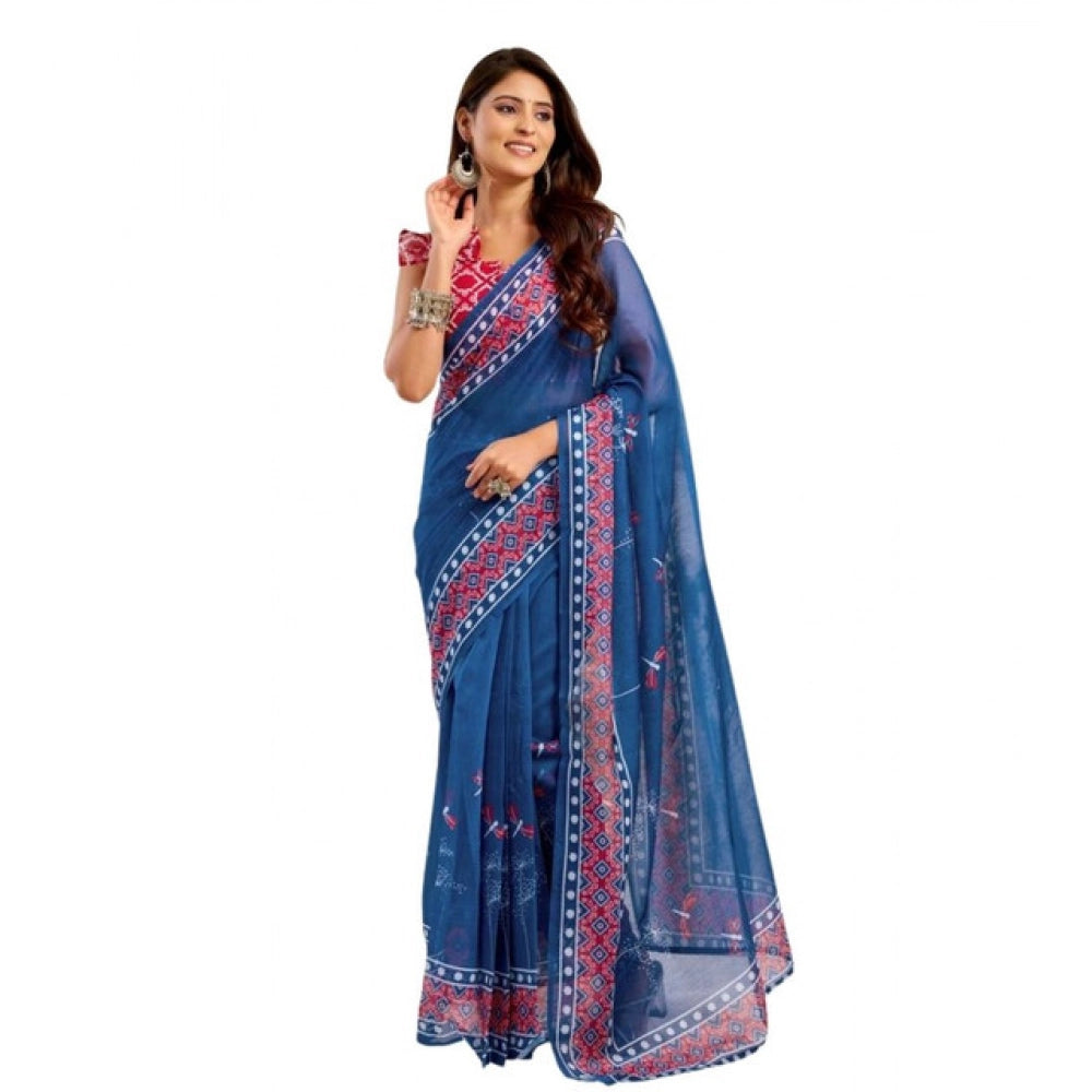 Amfyn Women's Faux Linen Floral Print Ready to wear Saree With Unstitched Blouse 5.5Mtr (Blue)