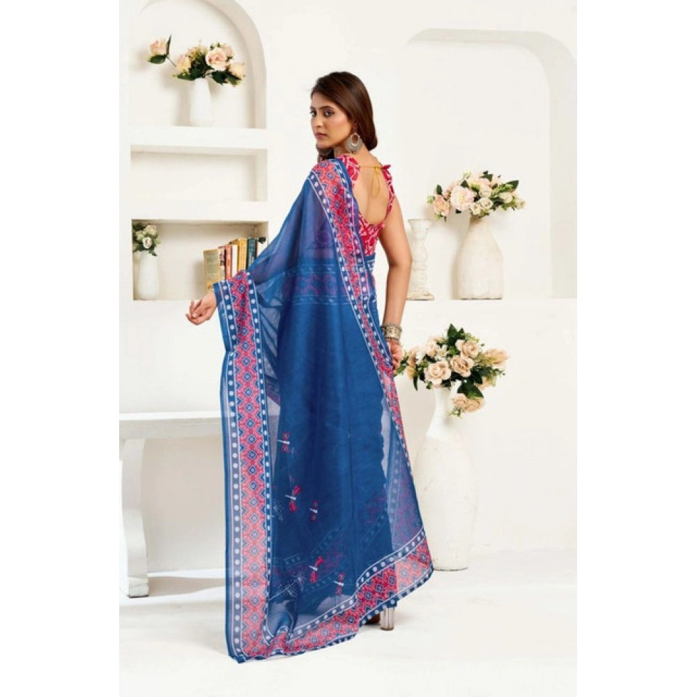 Amfyn Women's Faux Linen Floral Print Ready to wear Saree With Unstitched Blouse 5.5Mtr (Blue)
