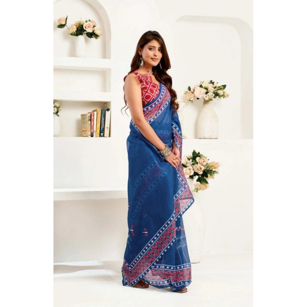 Amfyn Women's Faux Linen Floral Print Ready to wear Saree With Unstitched Blouse 5.5Mtr (Blue)