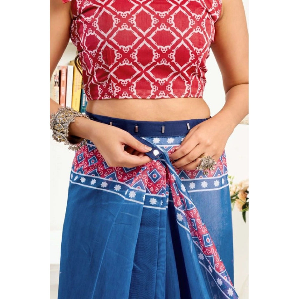 Amfyn Women's Faux Linen Floral Print Ready to wear Saree With Unstitched Blouse 5.5Mtr (Blue)