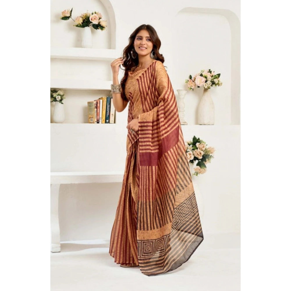 Amfyn Women's Faux Linen Geometric Print Ready to wear Saree With Unstitched Blouse 5.5Mtr (Brown)