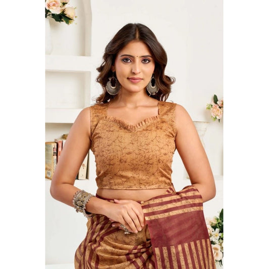 Amfyn Women's Faux Linen Geometric Print Ready to wear Saree With Unstitched Blouse 5.5Mtr (Brown)