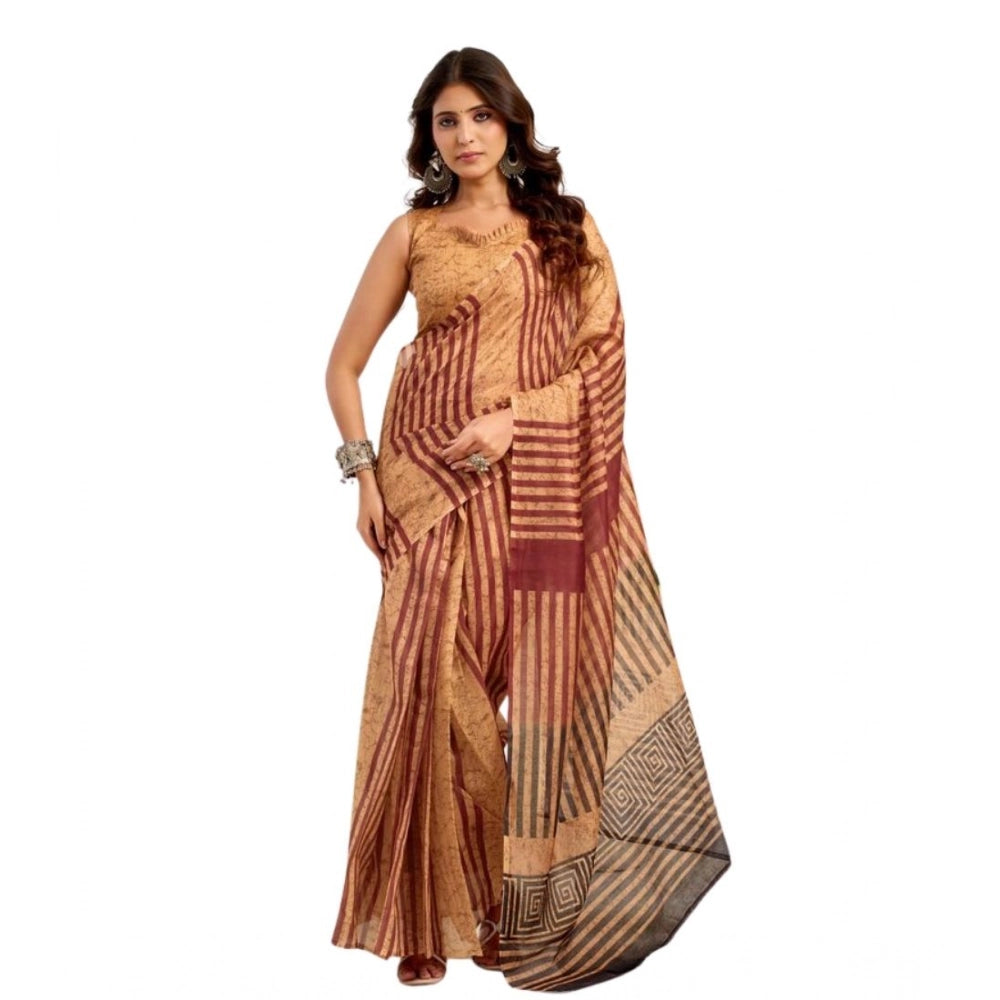 Amfyn Women's Faux Linen Geometric Print Ready to wear Saree With Unstitched Blouse 5.5Mtr (Brown)