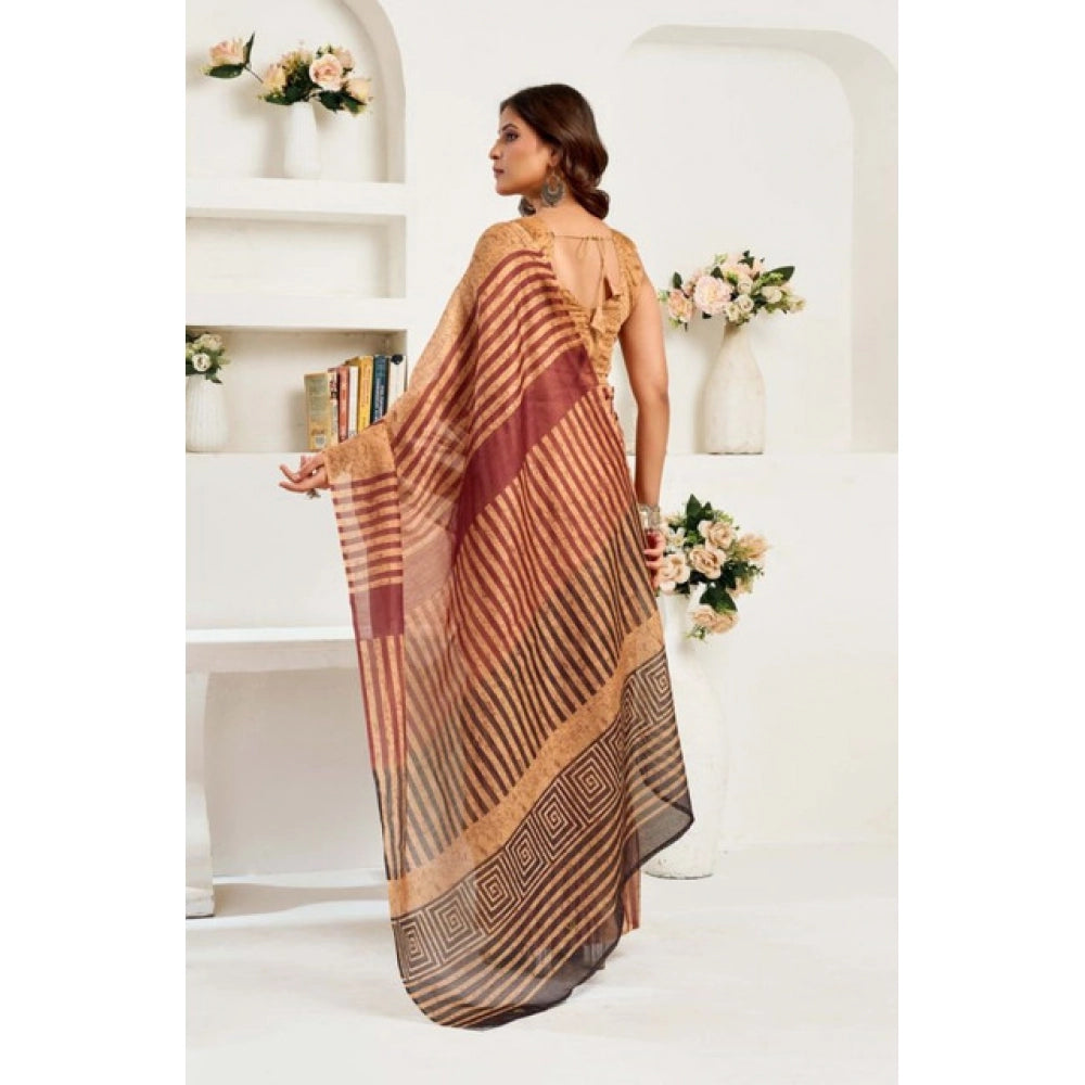 Amfyn Women's Faux Linen Geometric Print Ready to wear Saree With Unstitched Blouse 5.5Mtr (Brown)