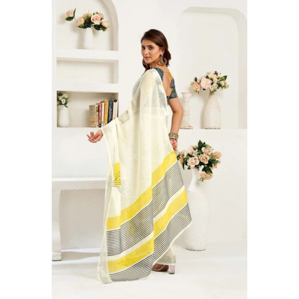 Amfyn Women's Faux Linen Floral Print Ready to wear Saree With Unstitched Blouse 5.5Mtr (Off_White)