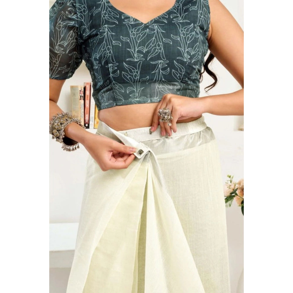 Amfyn Women's Faux Linen Floral Print Ready to wear Saree With Unstitched Blouse 5.5Mtr (Off_White)