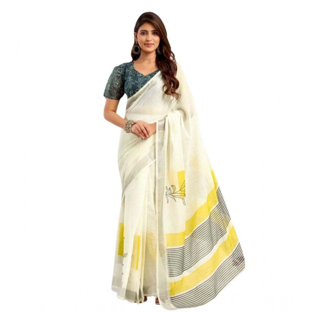 Amfyn Women's Faux Linen Floral Print Ready to wear Saree With Unstitched Blouse 5.5Mtr (Off_White)