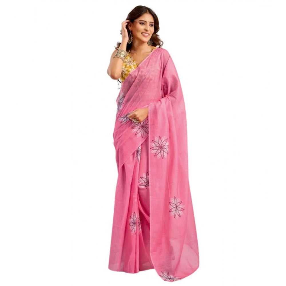 Amfyn Women's Faux Linen Floral Print Ready to wear Saree With Unstitched Blouse 5.5Mtr (Pink)