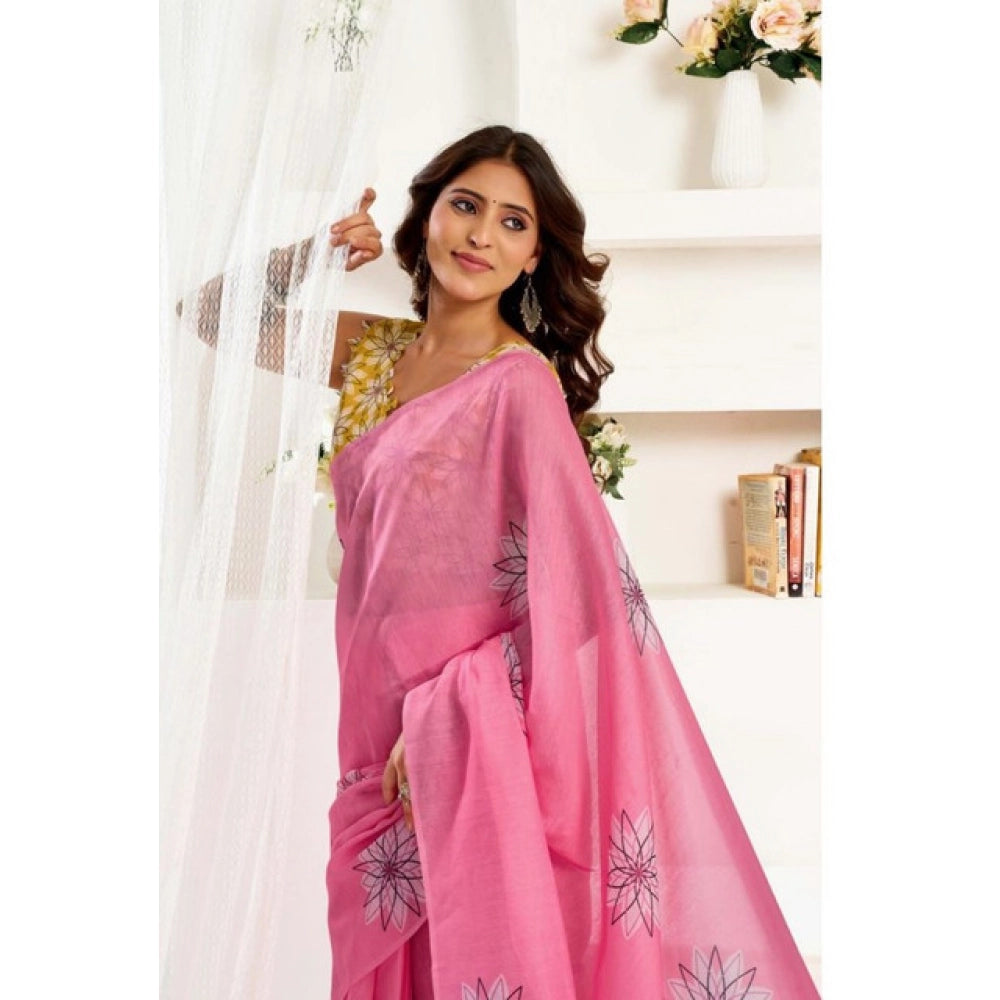 Amfyn Women's Faux Linen Floral Print Ready to wear Saree With Unstitched Blouse 5.5Mtr (Pink)