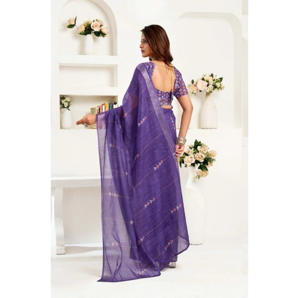 Amfyn Women's Faux Linen Geometric Print Ready to wear Saree With Unstitched Blouse 5.5Mtr (Purple)