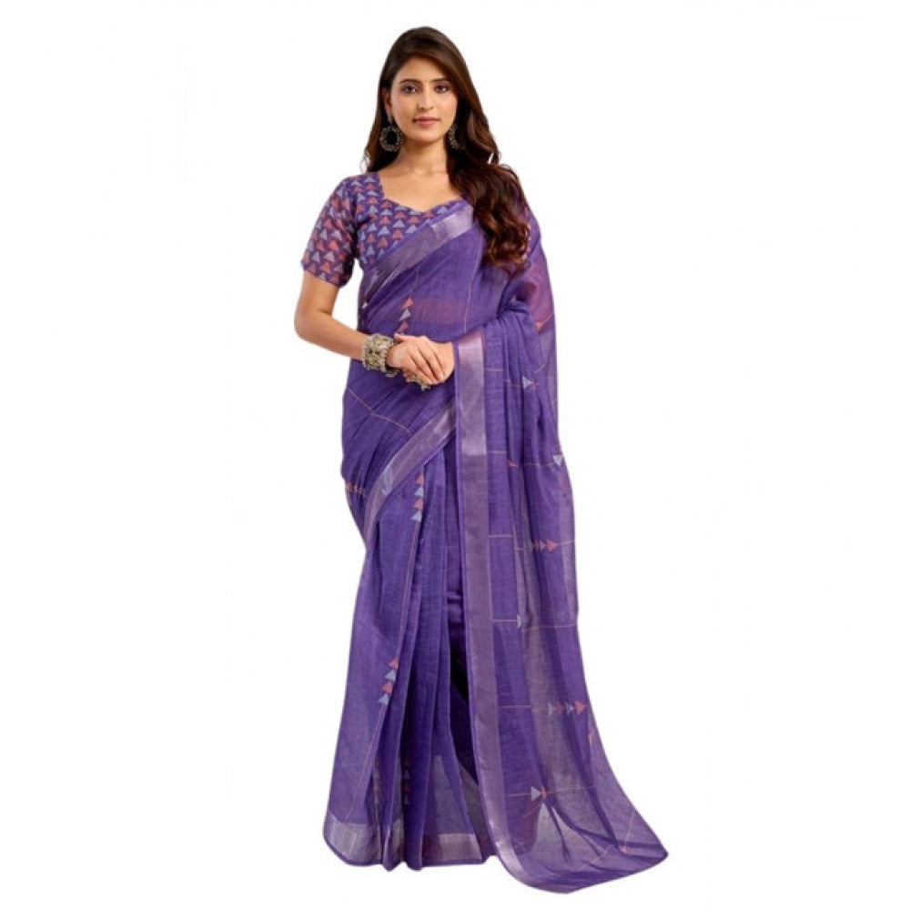 Amfyn Women's Faux Linen Geometric Print Ready to wear Saree With Unstitched Blouse 5.5Mtr (Purple)