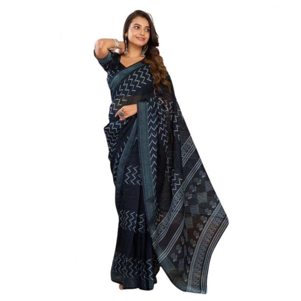 Amfyn Women's Faux Linen Geometric Print Ready to wear Saree With Unstitched Blouse 5.5Mtr (Black)