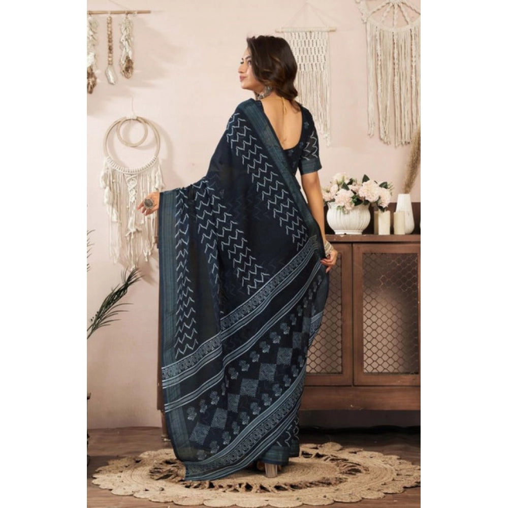 Amfyn Women's Faux Linen Geometric Print Ready to wear Saree With Unstitched Blouse 5.5Mtr (Black)