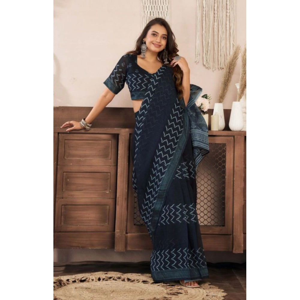 Amfyn Women's Faux Linen Geometric Print Ready to wear Saree With Unstitched Blouse 5.5Mtr (Black)