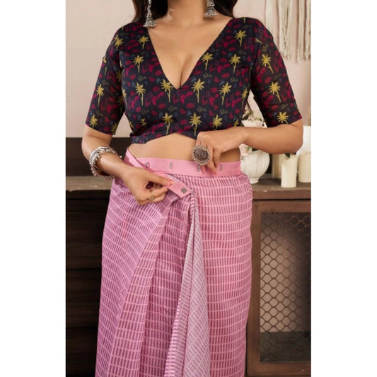 Amfyn Women's Faux Linen Geometric Ready to wear Saree With Unstitched Blouse 5.5Mtr (LightPink)