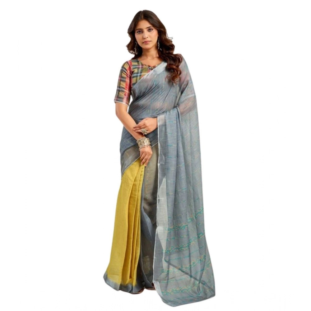 Amfyn Women's Faux Linen Geometric Ready to wear Saree With Unstitched Blouse 5.5Mtr (Grey)
