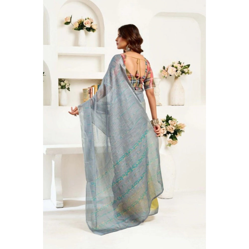 Amfyn Women's Faux Linen Geometric Ready to wear Saree With Unstitched Blouse 5.5Mtr (Grey)