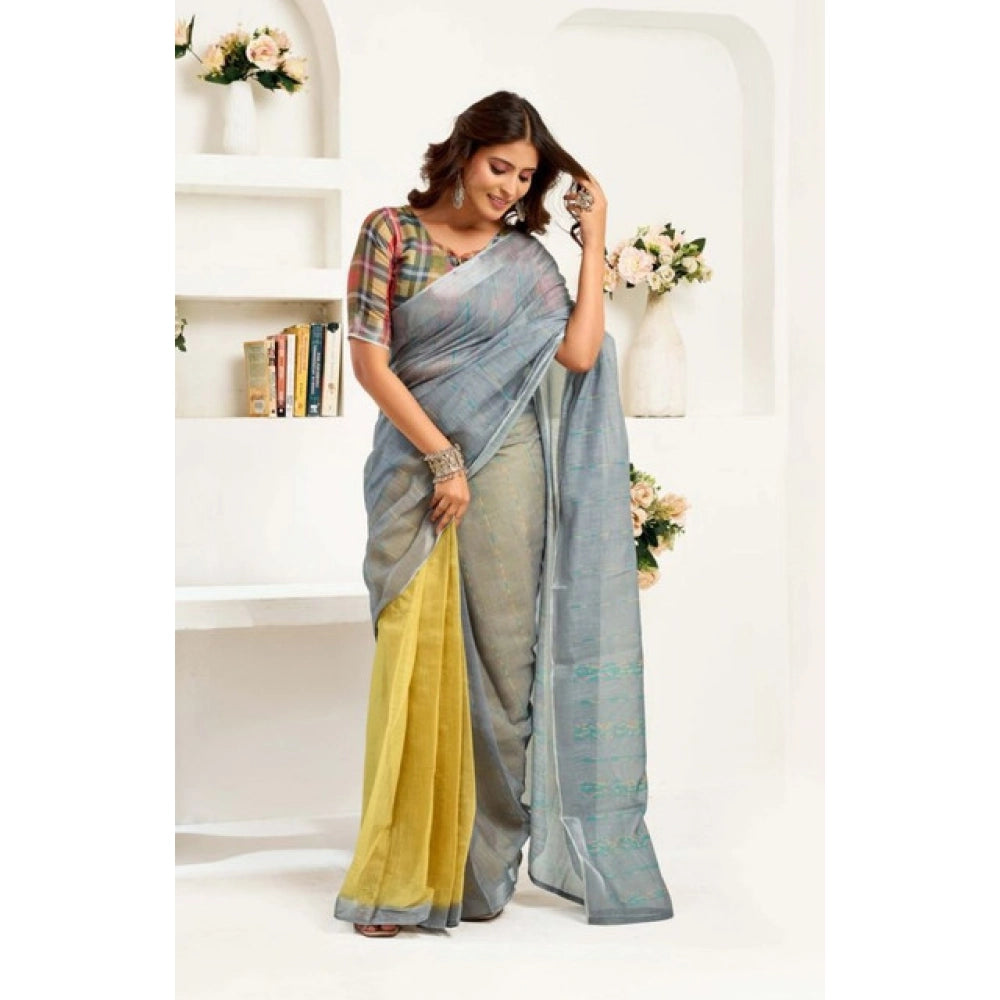 Amfyn Women's Faux Linen Geometric Ready to wear Saree With Unstitched Blouse 5.5Mtr (Grey)
