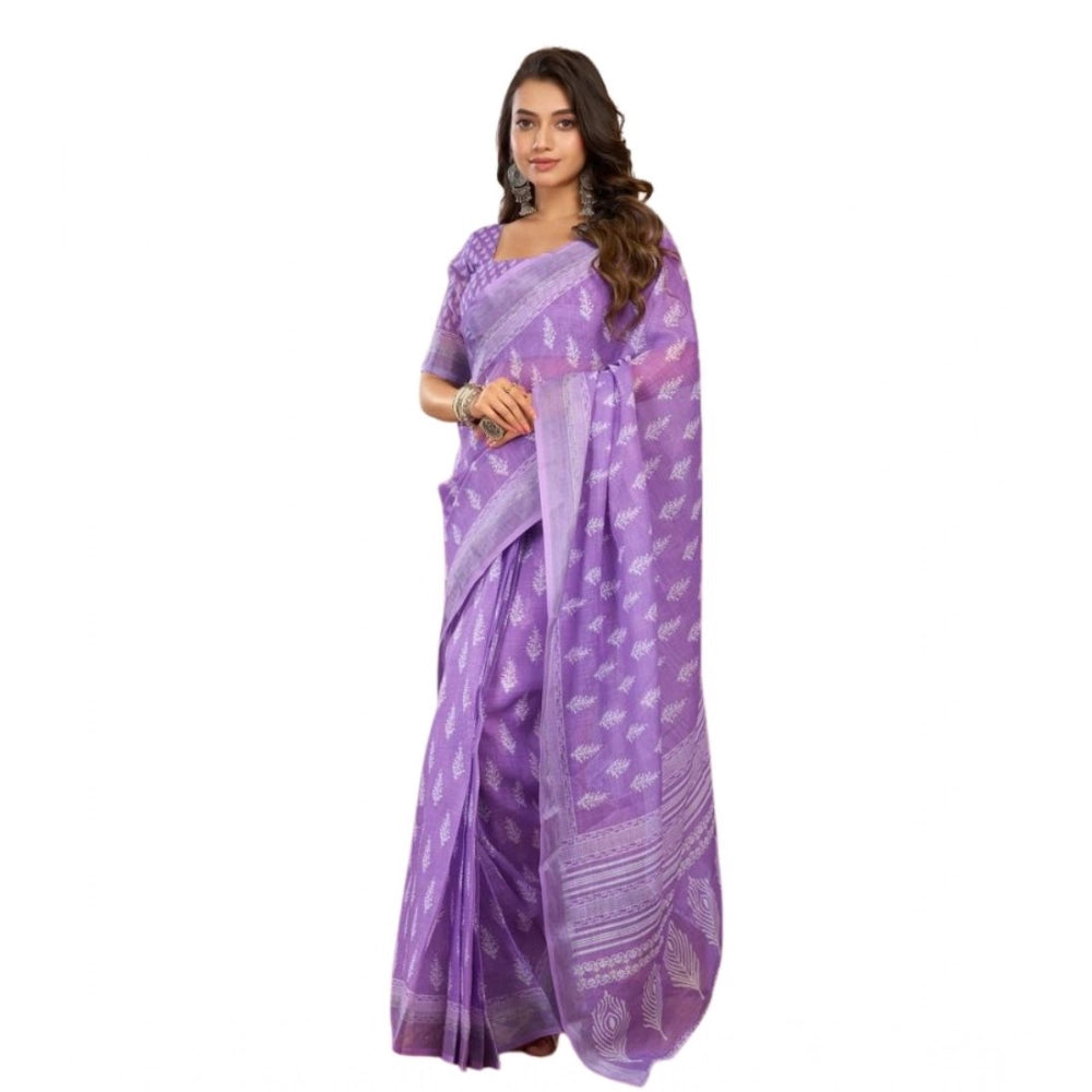 Amfyn Women's Faux Linen Floral Ready to wear Saree With Unstitched Blouse 5.5Mtr (Lavender)