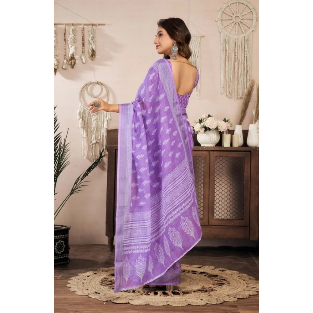 Amfyn Women's Faux Linen Floral Ready to wear Saree With Unstitched Blouse 5.5Mtr (Lavender)