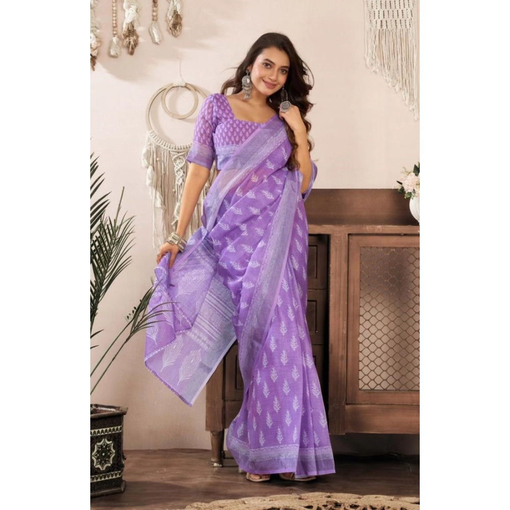 Amfyn Women's Faux Linen Floral Ready to wear Saree With Unstitched Blouse 5.5Mtr (Lavender)
